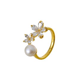 Kokoma Adjustable Pearl and Crystal Flower Ring for Women Cubic Zirconia Floral Wrap Finger Statement Ring Open Stacking Rings Promise Engagement Rings Fashion Jewelry
