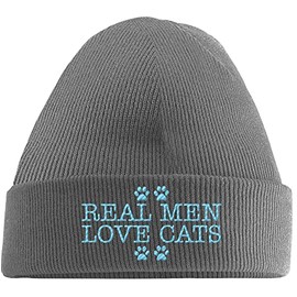 Hippowarehouse Real Men Love Cats Embroidered Beanie Hat Grey with Baby Blue Stitch