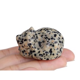 LAIDANLA Dalmation Spot Jasper Cat Healing Crystals Figurine Sleeping Cat Hand Carved Cute Statue Polished Stone Sculpture Reiki Office Room Bedroom Desk Home Decoration Gifts 1.6"