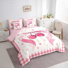 Feelyou Pink Cherry Comforter Set 7 Pieces Cherry Pattern Bed in a Bag Cute Bowknot Bow Cartoon Fruit Bedding Set Queen Size Bedroom Dreamy Princess Bed Set with Comforter, Sheet Set, Pillowcases