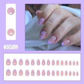 30Pcs Short Almond Press on Nails Purple Flower Fake Nails French Tip Acrylic Glossy False Nails Floral Design Reusable Glue on Nails Nude Full Cover Stick on Nails DIY for Women Girls