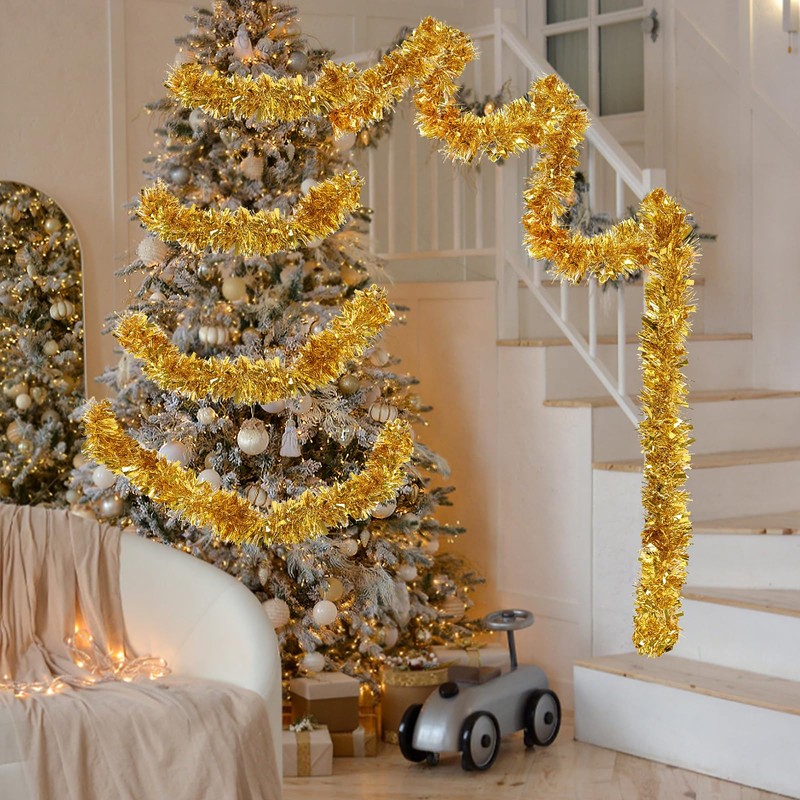 KIMOBER 33 Ft Christmas Tinsel Garland, Golden Metallic Garland for