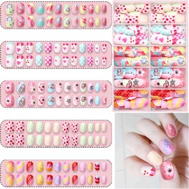 LHLZNB Store 120 Pcs Kids False Nails Press On - Children Pre-glue Short Acrylic Nail Tips with Full Cover Design, Butterfly Sparkle Mermaid Color DIY Little Girl Gift (Blue butterfly, Short)