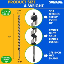 SOMADA 3/4-Inch x 17-Inch Auger Drill Bit for Wood, Hex Shank 3/8-Inch One Piece, Ship Auger Long Drill Bit for Soft and Hard Wood, Plastic, Drywall and Composite Materials