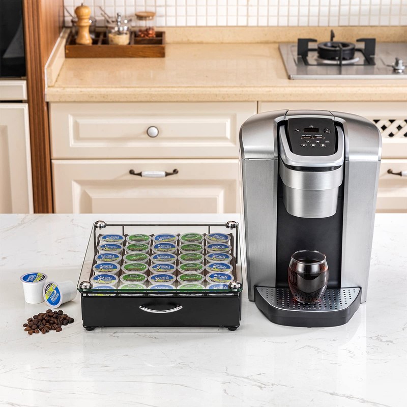 K cup holder Drawer with Glass Top,Storage Coffee Capsules Organizer