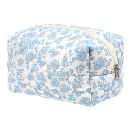 XLIUAX Floral Makeup Bag, Cute Aesthetic Cosmetic Bag, Portable Travel Flowers Toiletry Organizer Make up Bags, Cotton Quilted Cosmetic Bags with Zipper for Women Girls Travel Accessory (Blue Floral)