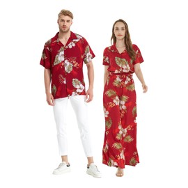 Matchable Couple Hawaiian Luau Wide Legged with Pockets Jumpsuit in Pineapple Garden Burgundy, Women, S