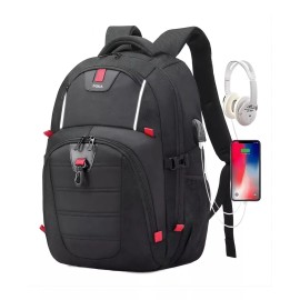 Pokachila Mochila Porta Netbook con 3 Bolsillos Escolar Impermeable con Sistema Antirrobo y Puerto USB color Negro/Rojo Liso