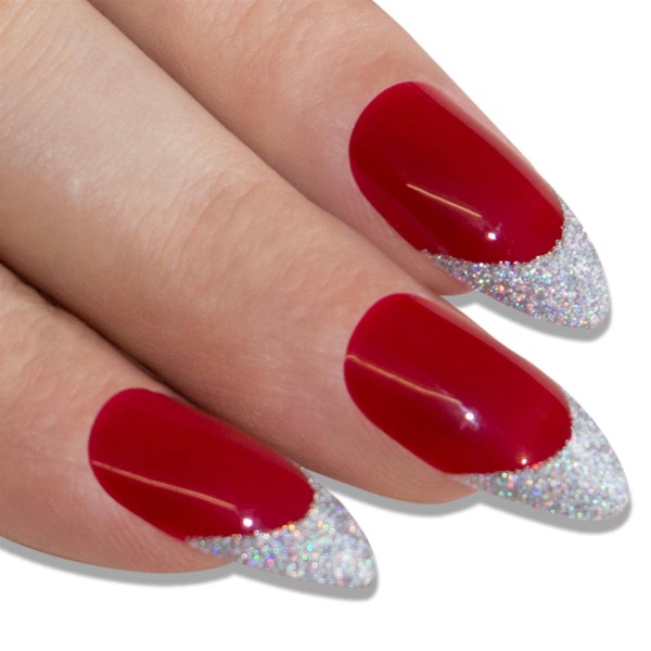 False Nails Bling Art Red Silver Stiletto Almond 24 False Nails Long Tips with Glue