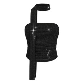 Women's Leopard Print Tube Top Cheetah Print Top Ruched Strapless Mesh Halter Tops for Women Going Out Party (Sequin Black, Medium)