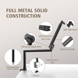 CMTECK Microphone Boom Arm, Extended Riser, Premium Low Profile Mic Arm with Cable Management, 360° Rotatable Boom Arm, Sturdy Aluminum Mic Desk for Blue Yeti Shure