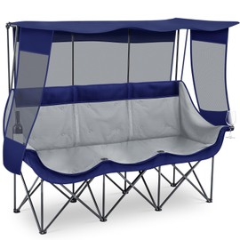Teenyyou 3 Person Camping Beach Chair with Canopy Shade Fully Padded Folding Outdoor Oversized Camping Sofa for 2-3 Person, Sturdy Loveseat Couch with Cup Holder and Carry Bag for Lawn Camp(Blue)