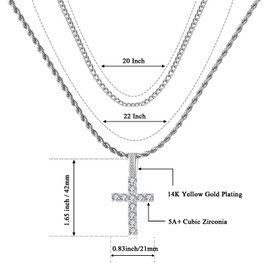 GEMOSA Cross Chain for Men Silver Cubic Zirconia Stainles Steel Layered Cuban Rope Necklace Diamond Pendant