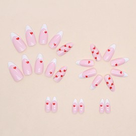 Press on Nails Almond Medium Love Heart Gold Lines False Nails with Design Valentine's Fake Nails White French Acrylic Nails Full Cover Glossy Artificial Coffin Nails Glue on Nails for Women 24Pcs