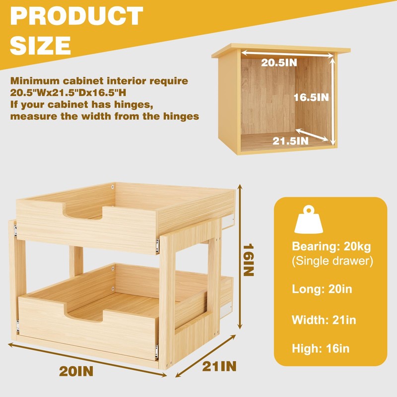 Pull Out Cabinet Organizer, 20''W×21''D×16''H Soft Close Slide Out Wooden