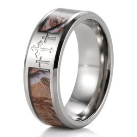 SHARDON Men's 8mm Titanium Wedding Bands 3 Crosses Tree Camouflage Christian Ring Size 10