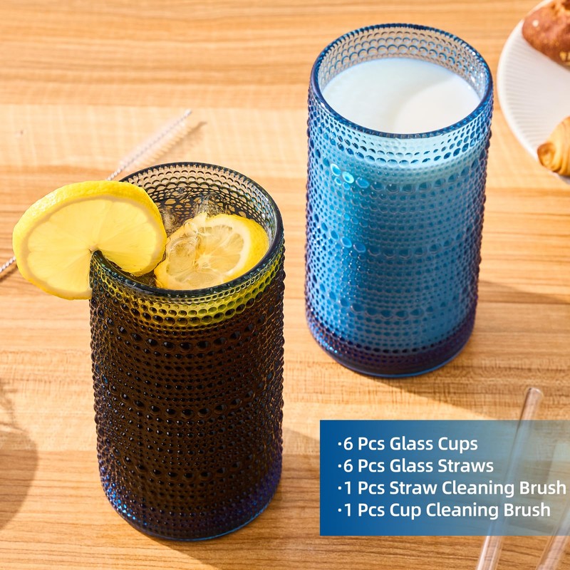 16oz Hobnail Drinking Glasses, Set of 6 Blue Tumblers