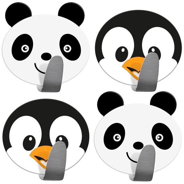 Tatkraft Friends Confezione da 4 Ganci Autoadesivi per Bambini, Ideale per Asciugamani e Accappatoi, Realizzato in Acciaio Inossidabile, Set di 2 Panda 2 Pinguini, Facile da Installare