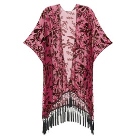 USHOWHEY Burnout Velvet Kimono Cardigan for Women with Tassels, Patterns of Branches and Leaves, Swimsuit Cover-Up, Burgundy Red, 1 Size Fits All