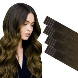 DOORES Invisi Edge Tape in Hair Extensions Human Hair, Natural Black to Dark Brown and Chocolate Brown 10 Injection Tape ins with 10 Injection Tape ins 50g 24Inch