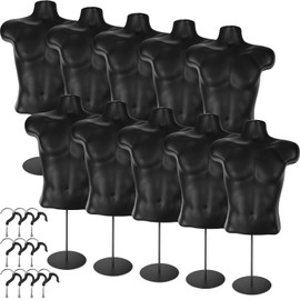 Beeveer 10 Pack Male Mannequin Torso with Stand, Dress Form Maniquin Body Tshirt Display Waist Hollow Back Body with Hanging Hook for Counter Clothes Display Shows Photos or Design, S-M Sizes Black
