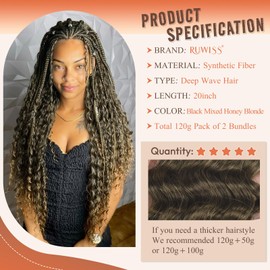 RUWISS 50 cm Deep Wave Crochet Braiding Hair for Bohemian Synthetic Hair Braids Extensions Curls Welling Hair Extensions for Women 2 Bundles / Pack (120 g, Black Mixed Honey Blonde)