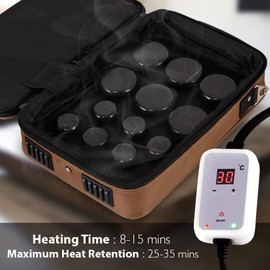 SereneLife Portable Hot Stone Massage Warmer Set & Spa Kit with Temperature Control, LCD Display, 6 Small, and 6 Large Round Basalt Stones, Brown
