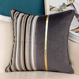 Grey Striped Patchwork Throw Pillow Cover Gold Leather Cushion Cover Zippered Pillowcase for Sofa Couch Bedroom Living Room Home Decoration,18x18 Inch