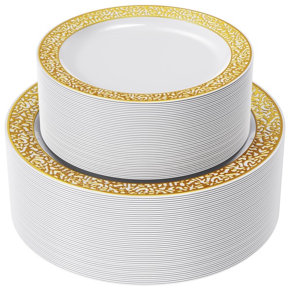 FOCUSLINE 102pcs Gold Plastic Plates, Gold Lace Plates Disposable Heavy Duty, Including 51 10.25" Dinner Plates, 7.5" Dessert Plates, Elegant Fancy Wedding Party Plates