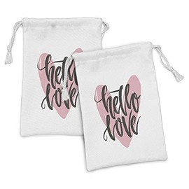 Lunarable Vintage Fabric Pouch Set of 2, Poster Design with a Phrase Hello Love over Heart Shape Illustration Artwork, Small Drawstring Bag for Toiletries Masks and Favors, 9" x 6", Army Green Pink