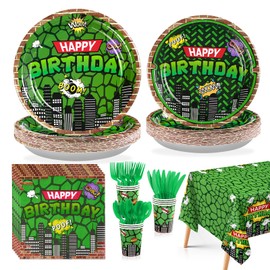 170Pcs Turtle Birthday Decorations for Boys Super Theme Hero Turtle Plates and Napkins Cups, Fork, Tablecloth Cartoon Green Comics Tortoise Party Supplies for Teens & Kids Video Game Party Serves 24