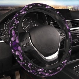 MAGIFUN Purple Butterfly Print Steering Wheel Covers for Women Cloth Steering Wheel Protector Universal 15 inch Car Accessories, Black, Sweat Absorption