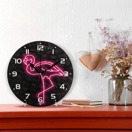 ZZKKO Neon Flamingo Wall Clock Quartz Analog Quiet, 9.5 Inch Round Desk Clock Battery Operated Easy to Read Decorative for Kitchen Bedroom Bathroom Living Room Classroom