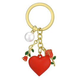 Heart Keychain with White Pearl, Red Heart, and Red Rose Charms, Elegant Gift for Love and Affection– Keychain for Backpack, Car, Purse