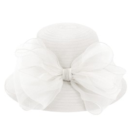 Naimo Women's Organza Church Kentucky Derby Fascinator Hat Elegant Bow Wide Brim Bridal Hat Tea Party Wedding Sun Hat, White