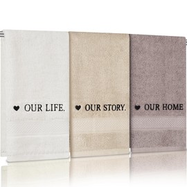 3 Pcs Farmhouse Decorative Hand Towels Decorative Bathroom Towel Embroidered Towels Decorative Set 100% Cotton Soft Absorbent Decorative Towels for Bathroom Boho Decors (Our Life, Our Story, Our Home)