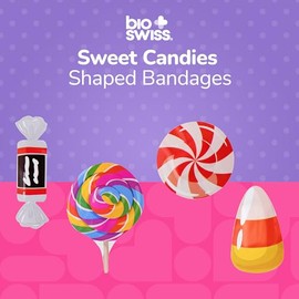 BioSwiss Vendas Autoadhesivas con Forma de Caramelos Dulces, Sin Látex, Estériles, Para el Cuidado de Heridas, Divertidos Suministros de Botiquín de P
