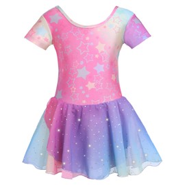 zffriction Girls Ballet Dress Shinny Short Sleeve Ballet Outfit Short Sleeve Dance Ballet Leotard Ballerina Costume with Sequin Chiffon Skirt (Rainbow Star,110)