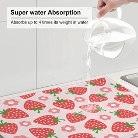 Pink Strawberry Dish Drying Rack Mat for Kitchen Counter XL, Cute Flower Dish Drying Pad Absorbent Reversible Microfiber Protector for Coffee Bar Sink Countertops 18x24 Inch