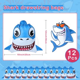 12 Pieces Cute Shark Drawstring Bag Summer Pool Party Favor Bags 10 x 12 Inch Drawstring Backpack Shark Goodie Bags Shark Theme Birthday Party Supplies Storage Gift Bags for Kids Boys Girls, Blue