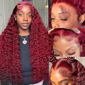 RAYLITTE 99J Burgundy Lace Front Wigs Deep Wave Human Hair for Black Women Wine Red Color 13x4 HD Transparent Lace Frontal Wigs Pre Plucked with Baby Hair Colored Curly Glueless Wigs (30 Inch)