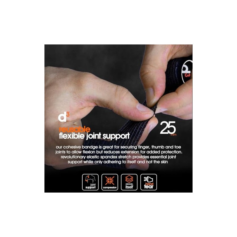d3 Cohesive Bandage Compression Wrap Black 25mm x 5m (1