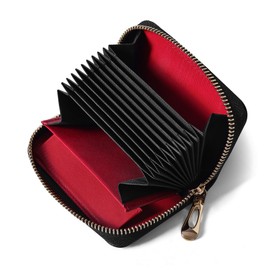 VISOUL Small Leather Card Case Wallet for Women and Men with Zipper, Slim Credit Card Holder with RFID Blocking 11 Card Slot (Black and Red)