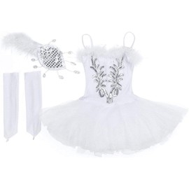 TAIKMD Kids Girls Sequined Beads Leotards Skirt Ballet Tutu Dress Swan Dance Performance Costumes with Gloves Hair Clip Set (White, 10-12)
