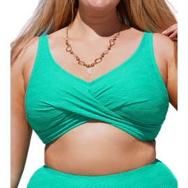 CUPSHE Women Swimsuit Plus Size Bikini Top V Neck Wrapped Adjustable Straps Back Hook Textured Swimwear, 0X Turquoise Green