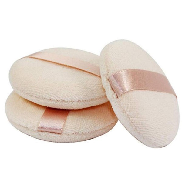 3Pcs Round Velour Loose Powder Puffs with Ribbon 8cm / 3.15" Soft Sponge Face Facial Makeup Cosmetic Loose Powder Puff Foundation Beauty Tool (Beige)