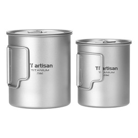 Ti artisan Titanium Pot Ultralight Titanium Cup Camping Cup Titanium Mug with Foldable Handles and Lid For Outdoor Camping Hiking Backpacking (450ml+750ml)