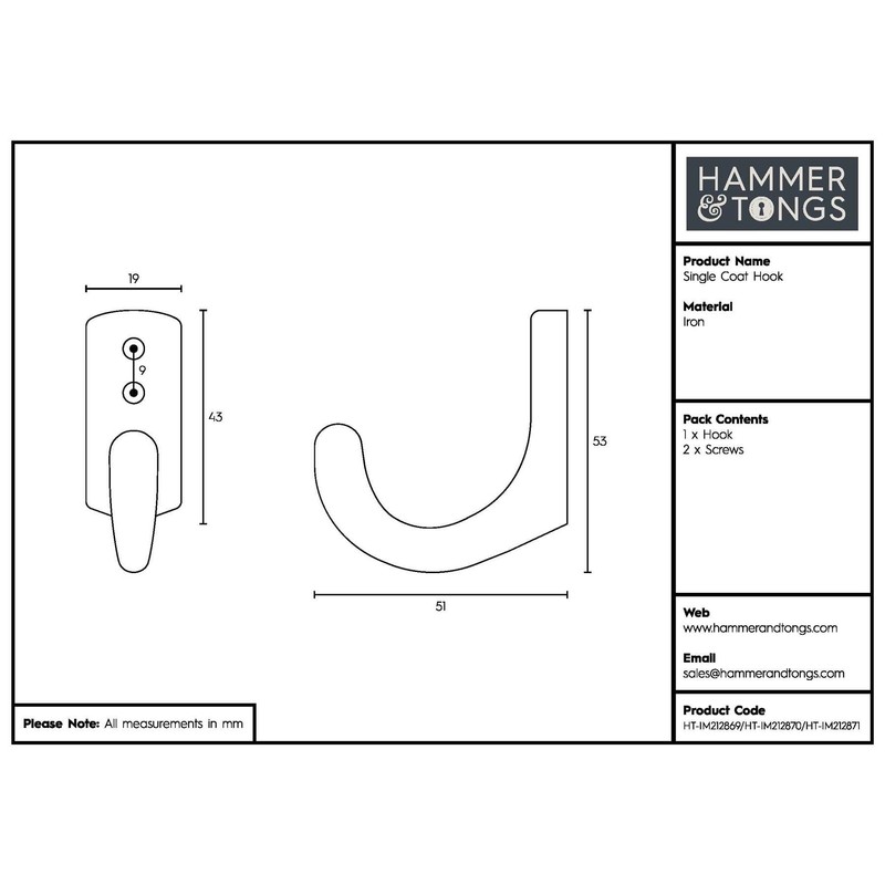 Hammer and Tongs - Single Coat Hook - W20mm x