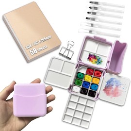 Facdiary Mini Travel Watercolor Set Pocket Artist Watercolor Travel Set Grid Palette Box Sketch Book Brush Pens with Binder Clips for Painters Artists Students (Purple)