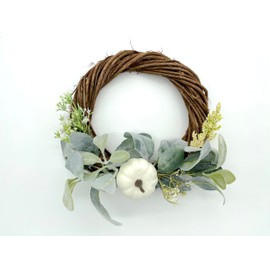 Fall & Thanksgiving Table Decor, Kitchen Wreath and Candle Holder with White Pumpkins and Eucalyptus Bunches - 8 Inches